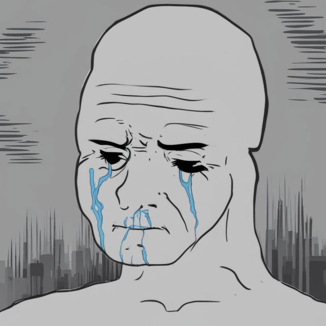 A high-quality digital art of a Wojak character resembling Cristiano Ronaldo, depicted as crying