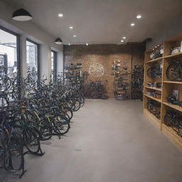 Generate an image of a bustling, aesthetically appealing shop for 'Paradigm Pedal and Gears Co.' filled with modern bicycle equipment, accessories and staff ready to assist.