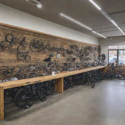 Generate an image of a bustling, aesthetically appealing shop for 'Paradigm Pedal and Gears Co.' filled with modern bicycle equipment, accessories and staff ready to assist.