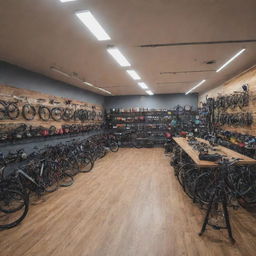 Generate an image of a bustling, aesthetically appealing shop for 'Paradigm Pedal and Gears Co.' filled with modern bicycle equipment, accessories and staff ready to assist.