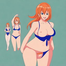 A digital art series showcasing Nami from One Piece in her iconic blue bikini