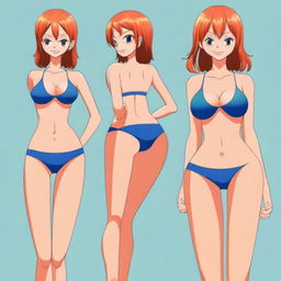 A digital art series showcasing Nami from One Piece in her iconic blue bikini