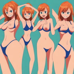 A digital art series showcasing Nami from One Piece in her iconic blue bikini