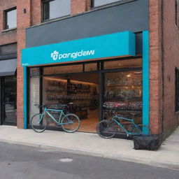 Generate an outside view of 'Paradigm Pedal and Gears Co.' shop, showcasing its modern structure, visibly vibrant with bicycle accessories and equipment, located in a lively urban setting.