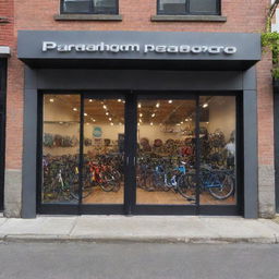 Generate an outside view of 'Paradigm Pedal and Gears Co.' shop, showcasing its modern structure, visibly vibrant with bicycle accessories and equipment, located in a lively urban setting.