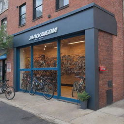 Generate an outside view of 'Paradigm Pedal and Gears Co.' shop, showcasing its modern structure, visibly vibrant with bicycle accessories and equipment, located in a lively urban setting.