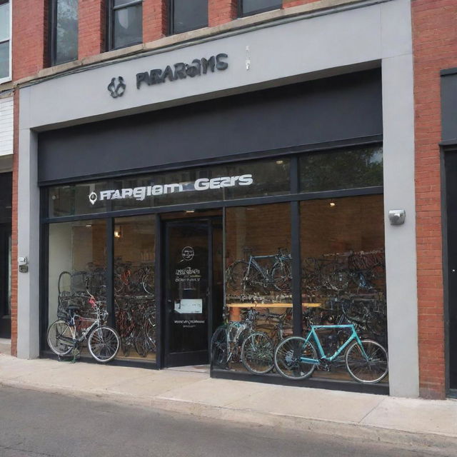 Generate an outside view of 'Paradigm Pedal and Gears Co.' shop, showcasing its modern structure, visibly vibrant with bicycle accessories and equipment, located in a lively urban setting.