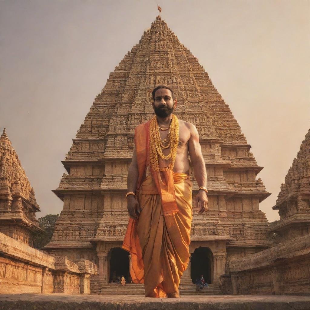 A resplendent Ayodhya temple bathed in golden light, with a dignified portrayal of Shree Ram standing majestically in the foreground.