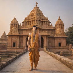 A resplendent Ayodhya temple bathed in golden light, with a dignified portrayal of Shree Ram standing majestically in the foreground.