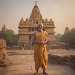 A resplendent Ayodhya temple bathed in golden light, with a dignified portrayal of Shree Ram standing majestically in the foreground.