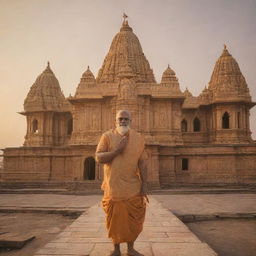 A resplendent Ayodhya temple bathed in golden light, with a dignified portrayal of Shree Ram standing majestically in the foreground.