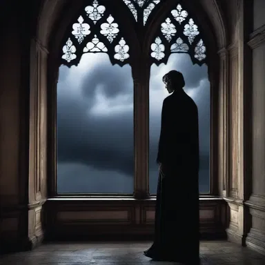 The protagonist in the Gothic novel stood in front of the lancet window, gazing out into the stormy night.