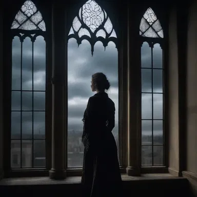 The protagonist in the Gothic novel stood in front of the lancet window, gazing out into the stormy night.