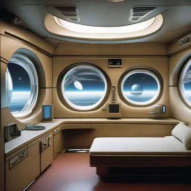 In the futuristic spaceship, the captain's quarters had a high-tech lancet window that adjusted its opacity and displayed virtual scenes from different planets.