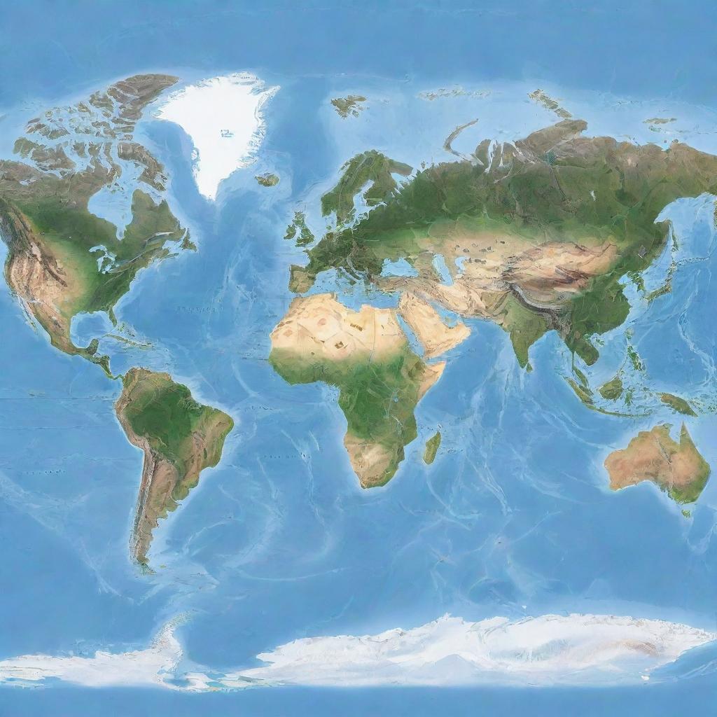 Generate a high detail, high quality image of a world map.