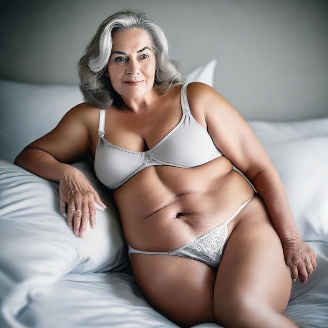 A high-quality photograph capturing a 60-year-old woman with a fuller figure, lying face down on a spacious bed