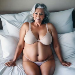 A high-quality photograph capturing a 60-year-old woman with a fuller figure, lying face down on a spacious bed