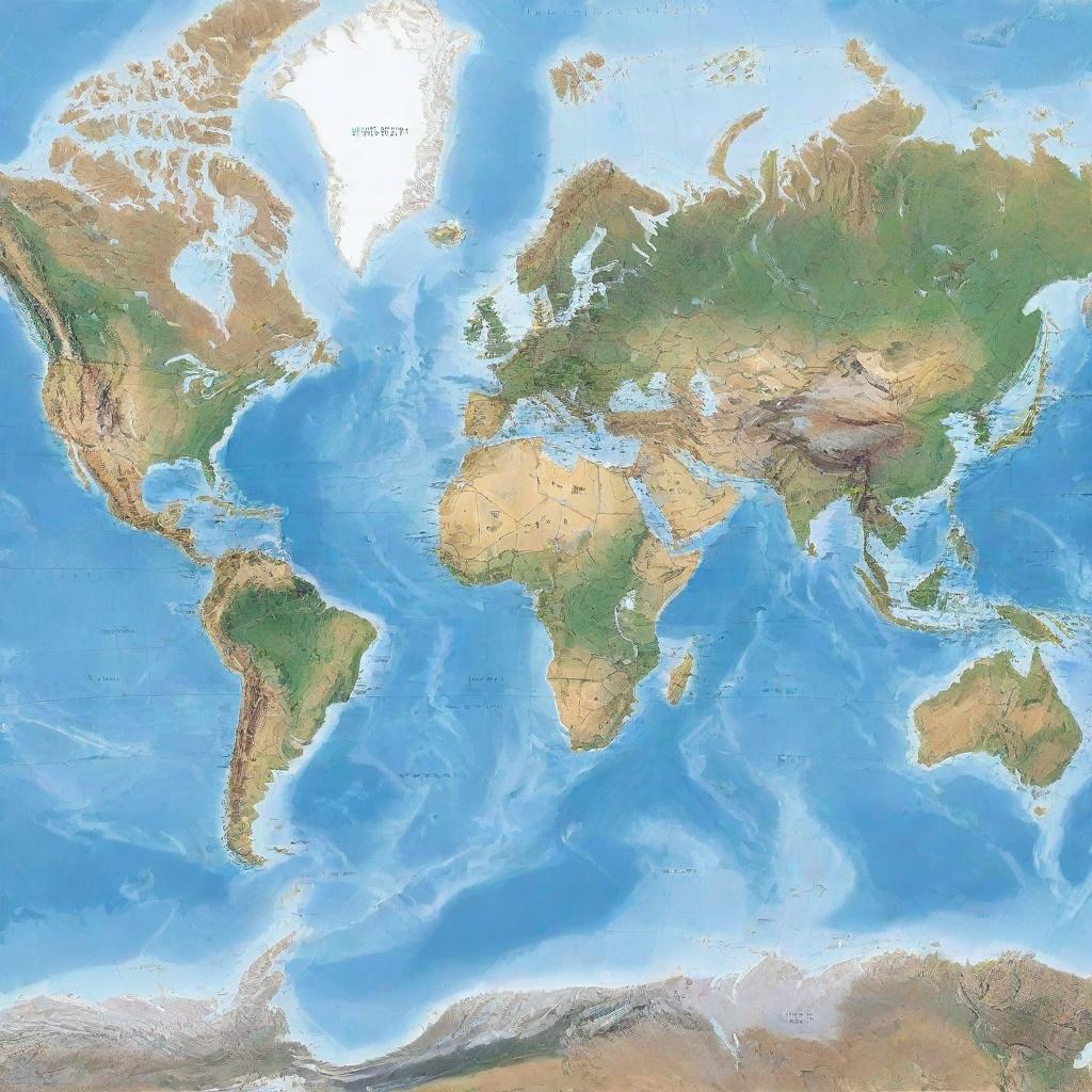 Generate a high detail, high quality image of a world map.