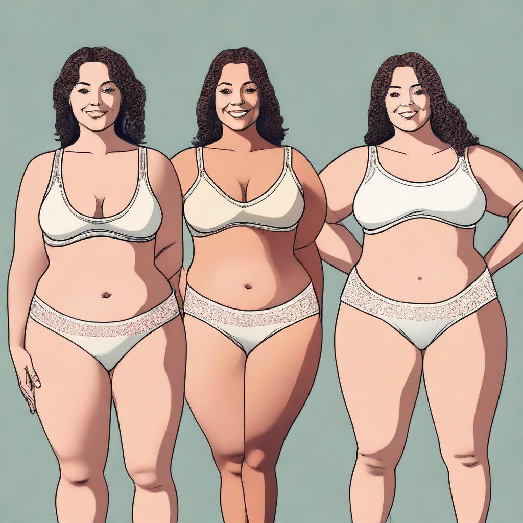 This is a digital art series depicting the transition of a fit, Caucasian woman in her underwear to a larger size