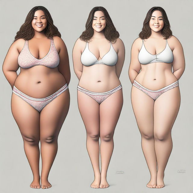 This is a digital art series depicting the transition of a fit, Caucasian woman in her underwear to a larger size