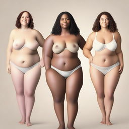 This is a digital art series depicting the transition of a fit, Caucasian woman in her underwear to a larger size