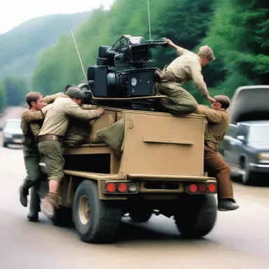 During the action-packed scene, the film crew used a batten to securely mount the camera on a moving vehicle.