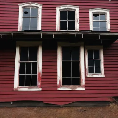 The haunted house had bloodstained battens holding the broken windows together, adding to the eerie atmosphere.