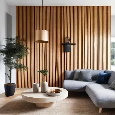 The designer used battens to create a unique feature wall in the living room.