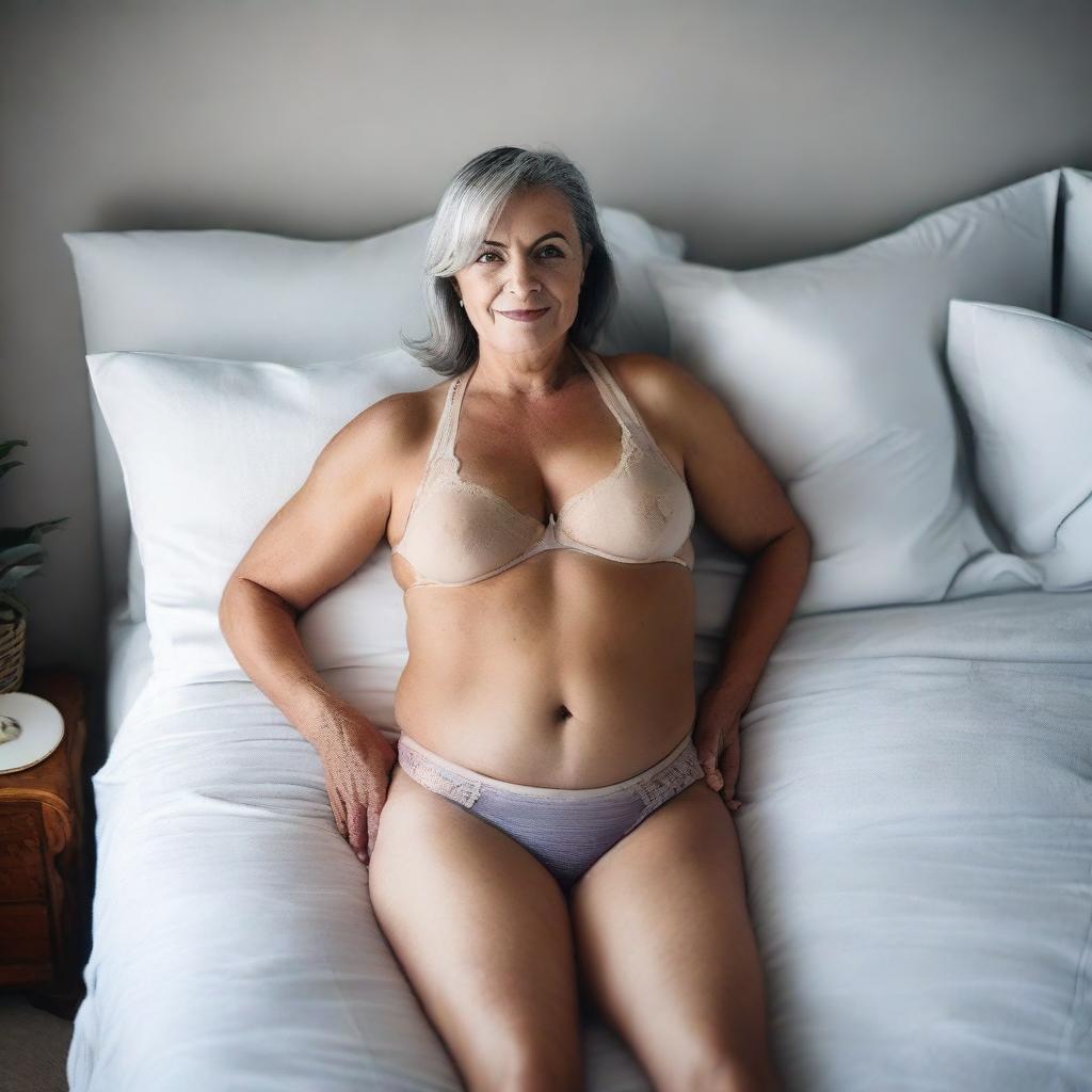 This is a high-quality photograph capturing a 60-year-old woman with a fuller physique, lying face down on a large bed