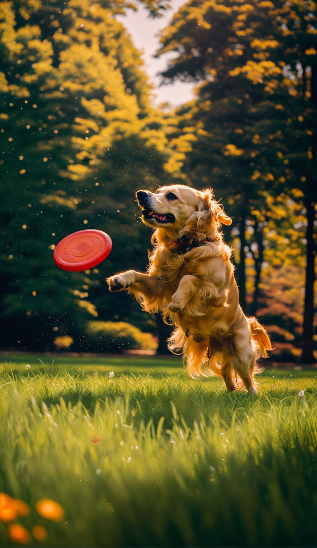 A golden retriever in mid-leap chasing a frisbee in a lush park.