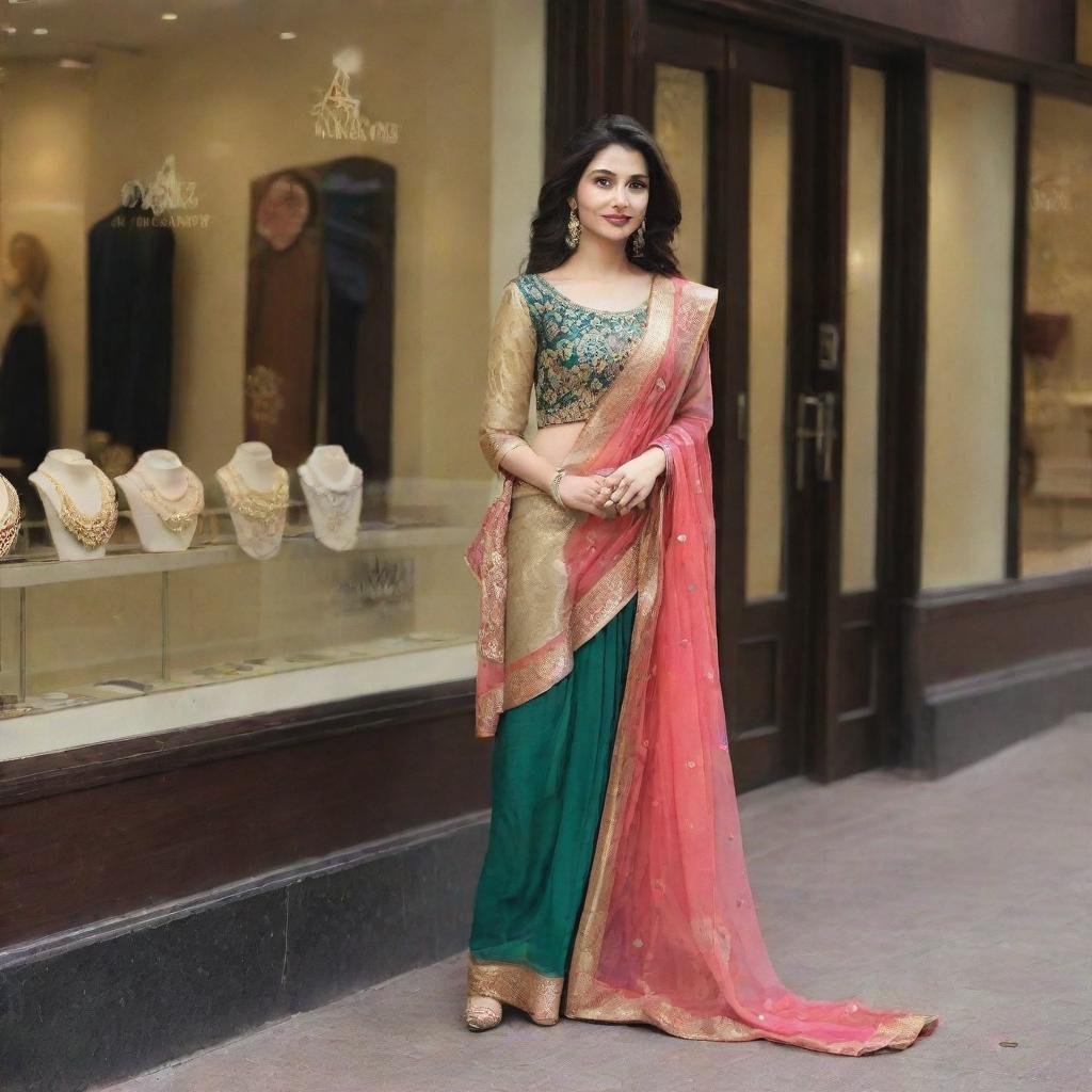 Create an elegant promotional image displaying '40% discount at Neha Jewellers', catered towards a clothing shop. Include stylish clothes and accessories subtly illustrating a sale vibe.