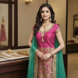 Create an elegant promotional image displaying '40% discount at Neha Jewellers', catered towards a clothing shop. Include stylish clothes and accessories subtly illustrating a sale vibe.