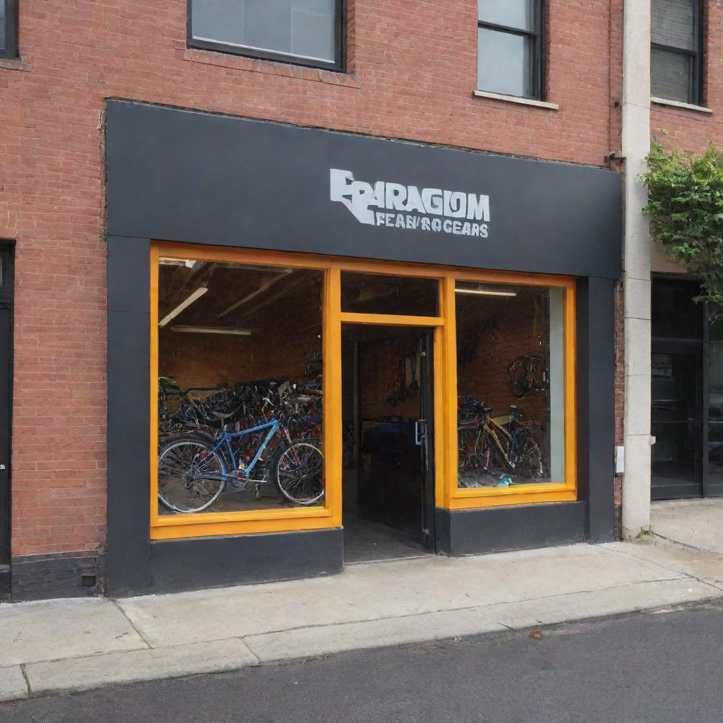 Create an exterior view of 'Paradigm Pedal and Gears Co.' shop, set in a lively urban environment. Ensure the shop's name is clearly visible and prominently featured.