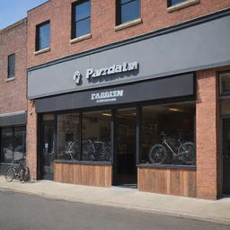 Create an exterior view of 'Paradigm Pedal and Gears Co.' shop, set in a lively urban environment. Ensure the shop's name is clearly visible and prominently featured.