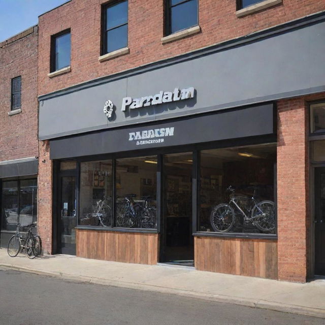 Create an exterior view of 'Paradigm Pedal and Gears Co.' shop, set in a lively urban environment. Ensure the shop's name is clearly visible and prominently featured.