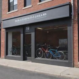 Create an exterior view of 'Paradigm Pedal and Gears Co.' shop, set in a lively urban environment. Ensure the shop's name is clearly visible and prominently featured.