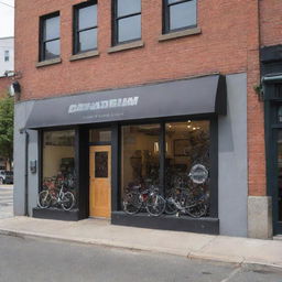 Create an exterior view of 'Paradigm Pedal and Gears Co.' shop, set in a lively urban environment. Ensure the shop's name is clearly visible and prominently featured.