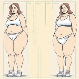 A high-quality comic strip showcasing the transformation of a woman from being fit to gradually gaining weight