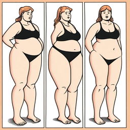 A high-quality comic strip showcasing the transformation of a woman from being fit to gradually gaining weight