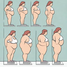 A high-quality comic strip showcasing the transformation of a woman from being fit to gradually gaining weight