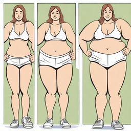 A high-quality comic strip showcasing the transformation of a woman from being fit to gradually gaining weight