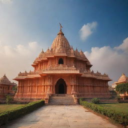 The grand Ayodhya Shree Ram Mandir, majestically standing under a radiant sky, highlighting its architectural beauty.