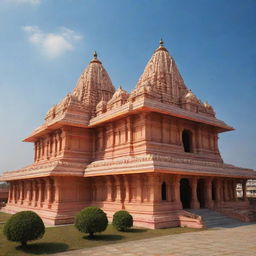 The grand Ayodhya Shree Ram Mandir, majestically standing under a radiant sky, highlighting its architectural beauty.