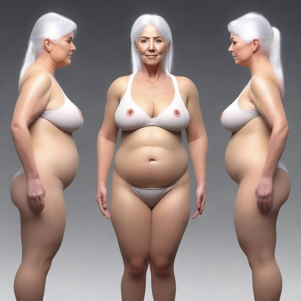 A high-quality digital art sequence illustrating the transformation of a fit, attractive woman with white hair