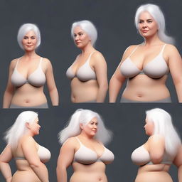 A high-quality digital art sequence illustrating the transformation of a fit, attractive woman with white hair