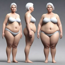 A high-quality digital art sequence illustrating the transformation of a fit, attractive woman with white hair