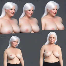 A high-quality digital art sequence illustrating the transformation of a fit, attractive woman with white hair