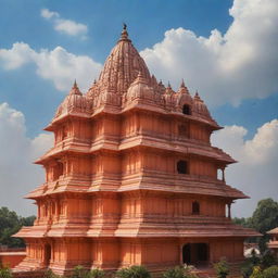 The grand Ayodhya Shree Ram Mandir, majestically standing under a radiant sky, highlighting its architectural beauty.