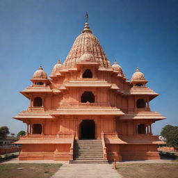 The grand Ayodhya Shree Ram Mandir, majestically standing under a radiant sky, highlighting its architectural beauty.