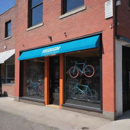 Create an exterior view of 'Paradigm Pedal and Gears Co.' shop, with the name 'PARADIGM' clearly, prominently, and artistically displayed on the facade, set in a vibrant urban context.